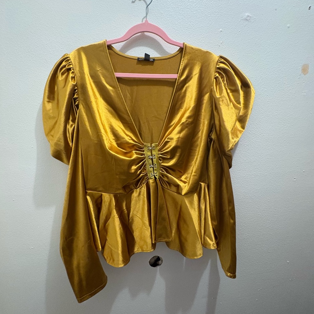 Fashion Nova Gold Puff Sleeve Ruched Peplum Blouse